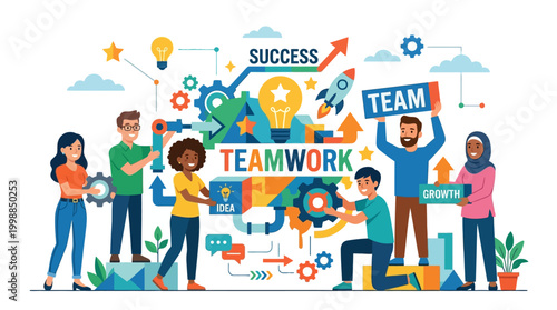 Startup team collaborating on office project with success and teamwork concept