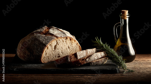 Sliced artisanal crusty bread with glass bottle of olive oil and rosemary on slate board