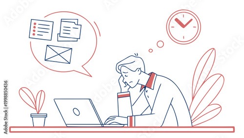 Overwhelmed businessman struggling with deadlines and tasks at his desk, feeling stressed and exhausted while working on his laptop, surrounded by notifications and a clock
