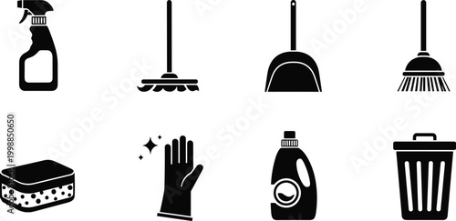 Cleaning service equipment and housekeeping supplies solid black icon set with detergent spray sponge and broom.