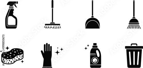 Cleaning supplies icon set with spray bottle, broom, dustpan, mop, sponge, glove, detergent, and trash can.