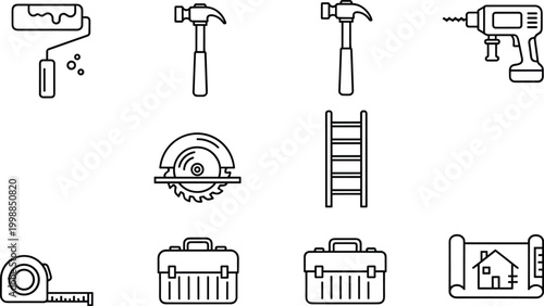 Construction tool icon set including paint roller hammer drill circular saw ladder measuring tape and tool box.