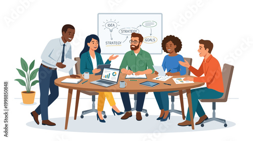 Office workers discuss sitting around table with laptop and papers indoors