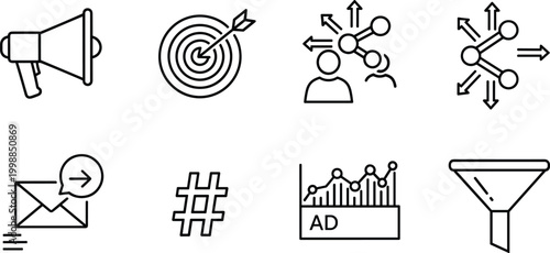 Digital marketing and social media advertising strategy line icon set with megaphone target hashtag and funnel.