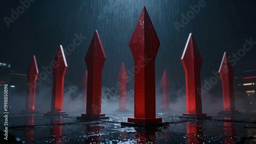 Cinematic Red Monoliths in Rain and Fog Background