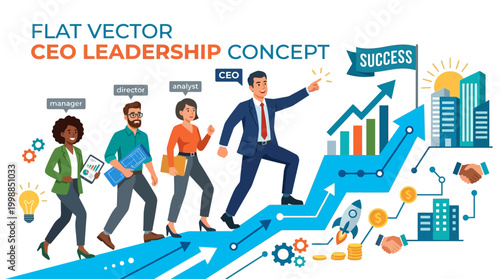 Businessman leads team up steps to success with growth graphs and cityscape