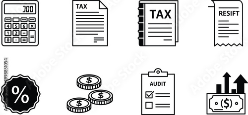 Finance and taxation icon set with calculator, tax documents, percentage sign, coins, audit, and money growth.