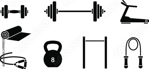 Fitness icons set dumbbell barbell treadmill yoga mat kettlebell pull up bar and jump rope for workout.