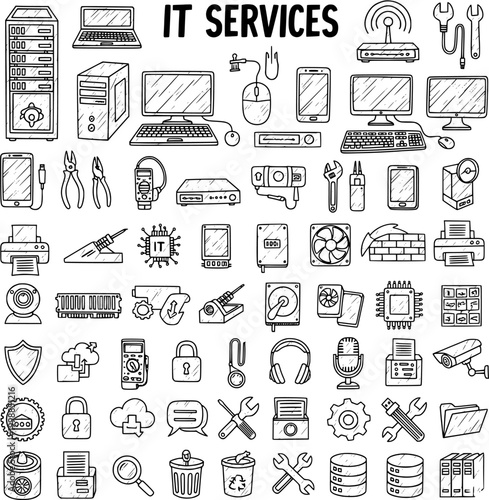 Hand Drawn IT Services Icons Set. Computer technology, network security, data management, and repair tools doodle collection.