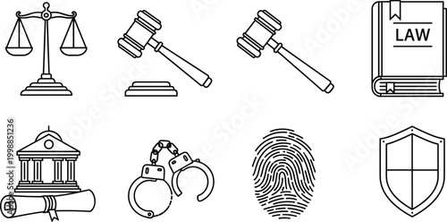 Justice law and legal system line icon set with scales of justice judge gavel police handcuffs fingerprint shield.