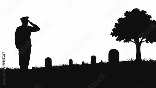 silhouette illustration of a soldier saluting in a cemetery, symbolizing respect, remembrance, and honor for fallen heroes