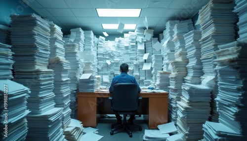 Man sits at desk buried in stacks of paper files piled high around him. Documents float in air, creating chaotic office scene. Overwhelmed worker faces impossible workload with extreme stress.