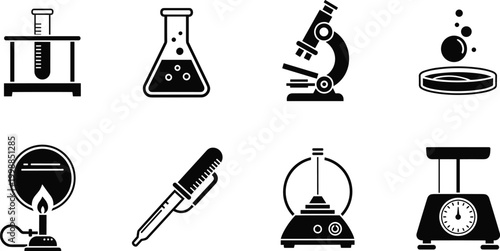 Laboratory science icon set with test tube flask microscope petri dish burner pipette burner centrifuge and scale.
