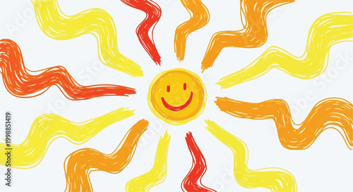 Hand drawn sun with smiley face, cheerful yellow and orange sunburst vector, playful doodle sun rays background for summer kids design
