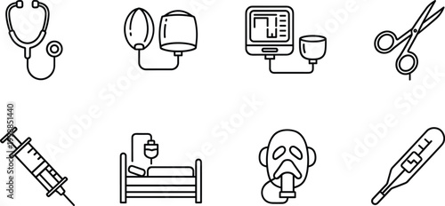Medical stethoscope blood pressure cuff monitor scissors hospital bed syringe oxygen mask thermometer healthcare icons.