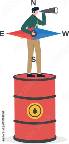 Expert searching for resources while standing on oil barrel