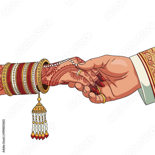 Indian Wedding Couple Holding Hands, Bride's Henna and Bangles, Groom's Ring