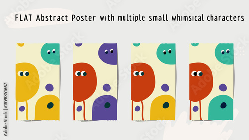 Whimsical flat abstract poster with multiple small colorful characters and shapes on cream background