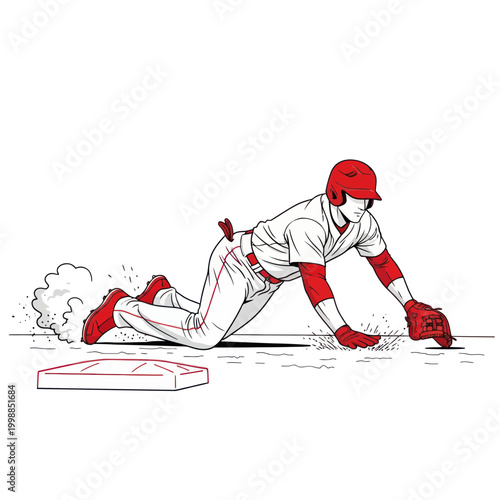 Baseball player sliding into base, action sport illustration