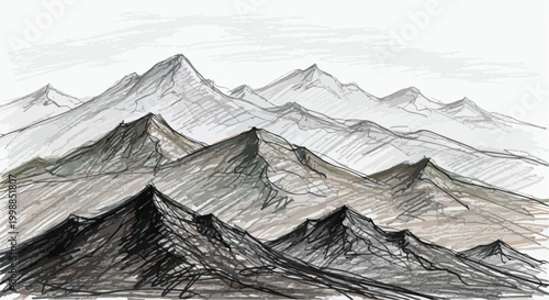 Hand drawn mountain range sketch, vintage pencil drawing of mountain peaks, rustic landscape illustration for outdoor adventure and travel branding
