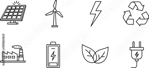 Set of clean energy line icons featuring solar panel wind turbine battery storage and sustainable power generation.