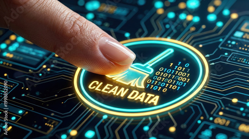 Clean data ai filter on digital circuit board with finger touch and binary code, concept of content security and data hygiene