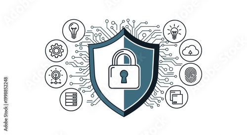 Cybersecurity concept with shield and icons.