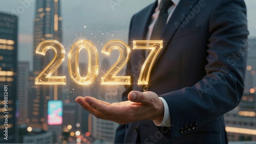 Businessman Holding Golden 2027 Hologram in Cityscape