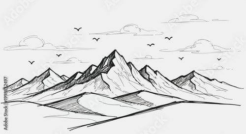 Mountain range landscape, black and white vector illustration, scenic mountains, birds flying