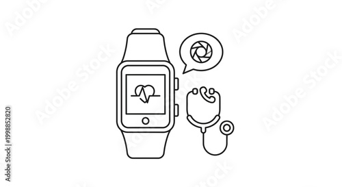 Smartwatch with heartbeat display and stethoscope icon, health technology concept