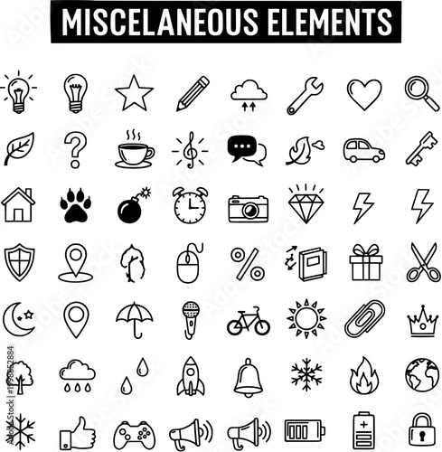 Cuadro en lienzo Miscellaneous Elements Line Icons Set: Light Bulb, Star, Heart, Camera, Cloud, Car, etc