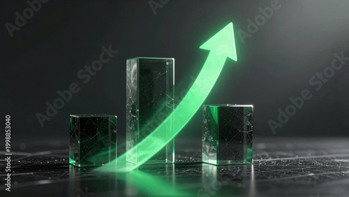 Green Growth Arrow Rising Over Abstract Glass Bar Chart