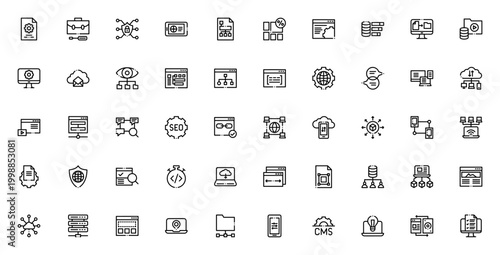 Web Development icon set. Vector icons pack for file, repair, app, data, cloud, server, network, SEO, CMS and more. Editable thin line illustrations.