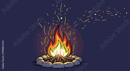 Cozy campfire illustration with glowing orange flames and sparks, outdoor bonfire surrounded by stones, night camping fire vector art