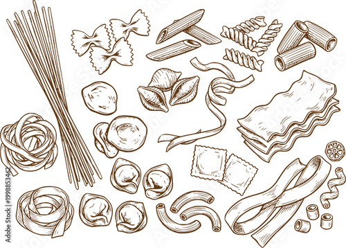 Hand Drawn Italian Pasta Varieties Vintage Sketch Set