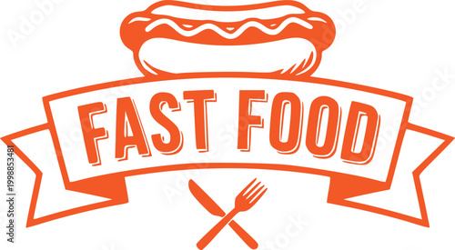 Fast Food Logo with Hot Dog and Ribbon Banner