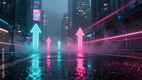 Futuristic Cyberpunk City Street with Glowing Neon Arrows