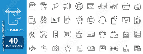 Ecommerce line icons set online shopping cart payment delivery store marketing digital retail symbols collection minimal outline vector