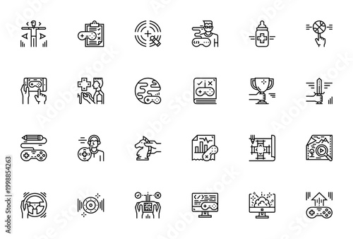 Game Development icon set. Vector icons pack for simulator, shooter, racing, mobile game, developer, visuals, sound effects and more. Editable stroke.