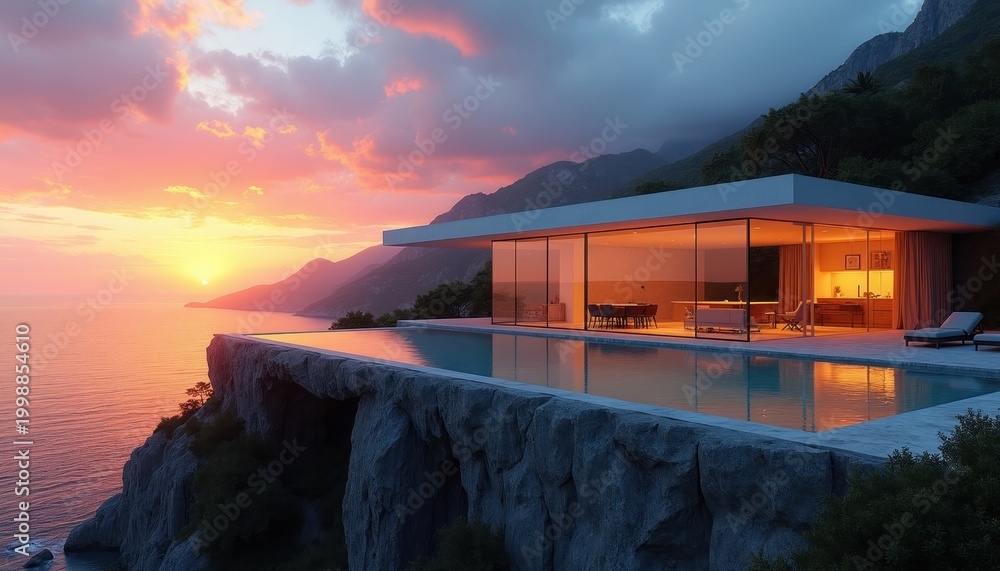 Fototapeta premium Modern cliffside house with infinity pool offers ocean sunset view. Sleek architecture, glass walls reveal luxury interiors. Mountain backdrop, tranquil atmosphere for ultimate relaxation.
