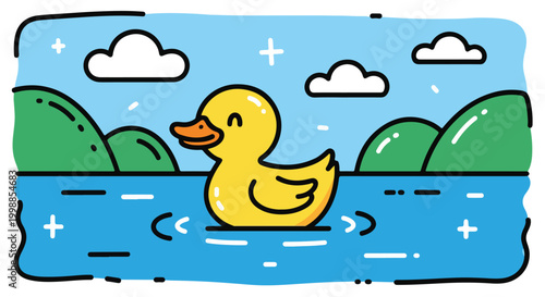 Cute yellow duck swimming in a pond vector illustration, happy rubber ducky character in nature landscape, cartoon waterfowl on blue water