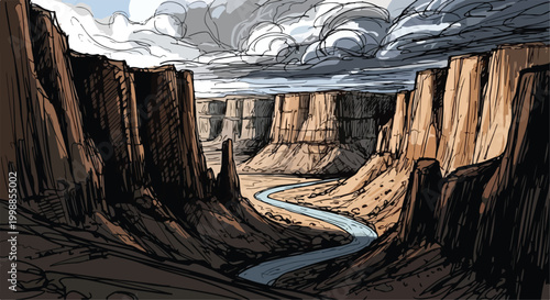 Vector canyon landscape, desert river, rocky cliffs, illustration
