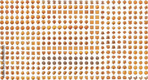 Autumn leaf pixel art collection, retro 8-bit fall foliage icons, large set of orange and brown forest nature sprites for game design and web UI