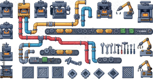 Pixel art factory game assets, industrial conveyor belt and machinery set, retro 8-bit manufacturing equipment vector, robotic arms and pipes