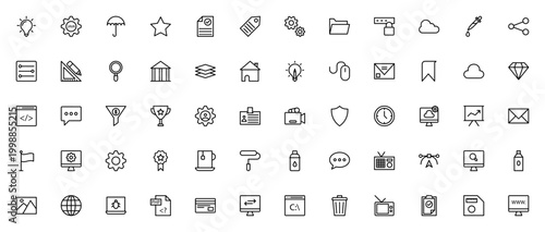 Web Design and Programming icon set. Vector icons pack featuring electricity, cogwheel, protection, cloud computing, code, data storage, design tools and more. Editable stroke.