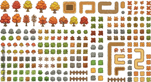 Pixel art autumn game assets, retro 2D nature tileset with orange trees and dirt paths, vintage RPG forest environment elements vector