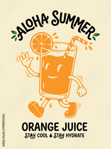 Retro Orange Juice Character Aloha Summer Vintage Illustration