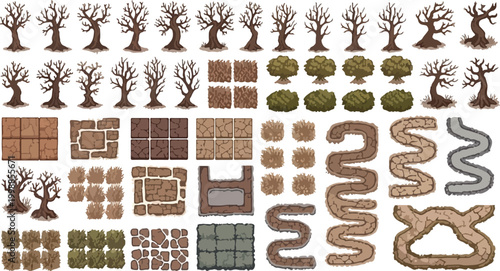 Fantasy RPG map assets vector set, hand-drawn dead trees and winding paths, top-down game environment elements, spooky forest landscape tiles