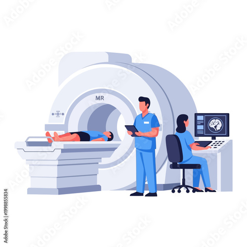 Medical MRI Scan: Patient in Machine with Technicians Operating Computer