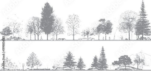 Old school forest graphic with dot pattern texture Retro woodland background with grunge photocopy effect
